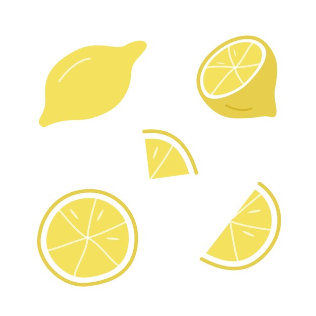Dibujos de conjuntos de limones enteros y rebanadas de limón Ilustración vectorial de un cítrico amarillo