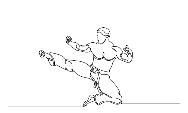 Dibujos continuos de atletas masculinos que practican el karate entrenamiento y determinación de las artes marciales