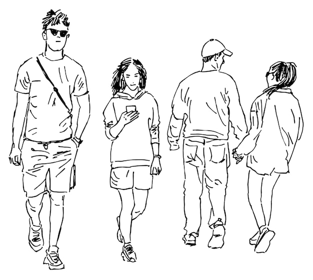 Dibujos de contorno de una pareja de jóvenes ciudadanos ocasionales caminando al aire libre