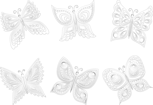 Dibujos de contorno vectorial de mariposas de fantasía ornamentales