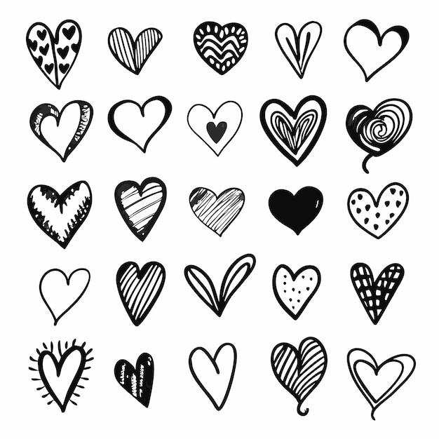 dibujos de corazones dibujados a mano en varios estilos para diseños románticos y lúdicos