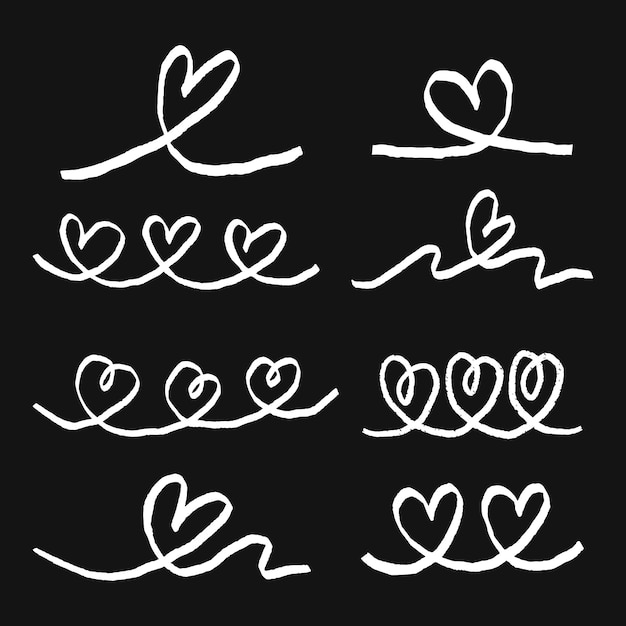 Los dibujos de corazones con tiza en negro, los dibujos de corazones en filas, las líneas de tiza con corazones, los bocetos de corazones simples, los dibujos a mano de corazones de tiza blanca, el conjunto vectorial del Día de San Valentín.