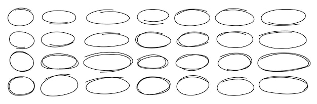 Dibujos dibujados a mano círculos resaltados conjunto Pincel marcador pluma óvalos garabatear elipses horizontales