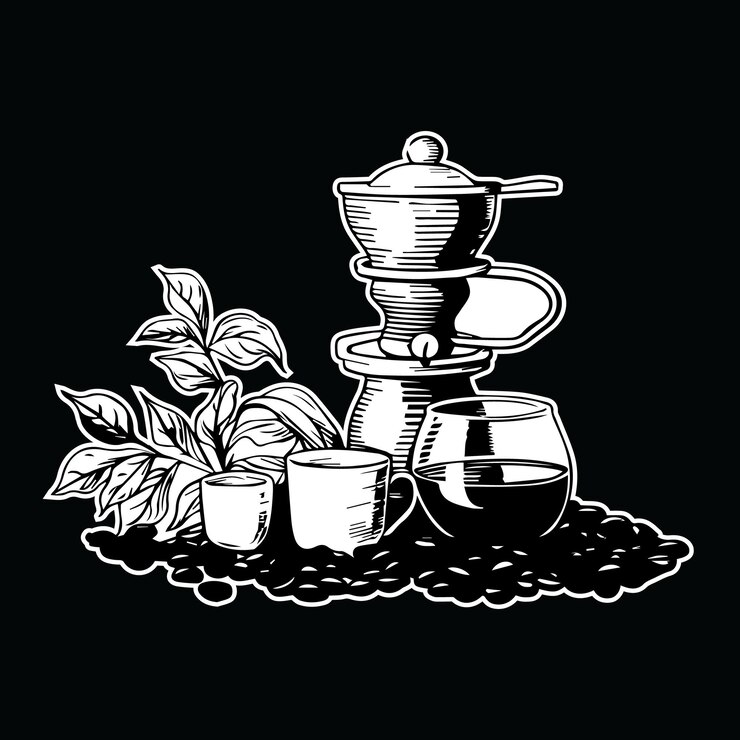 Vector dibujos ilustrados una taza de café y granos de café en blanco y negro