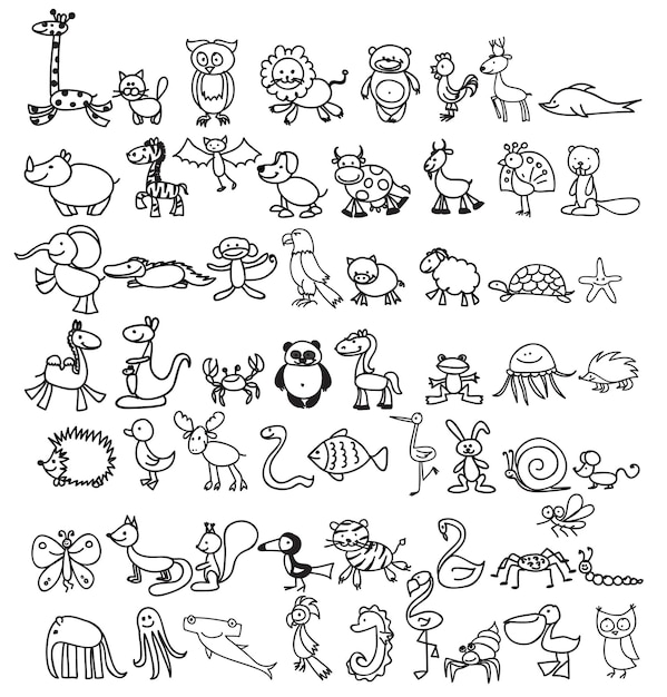 Vector dibujos infantiles de lindas ilustraciones de animales garabatos