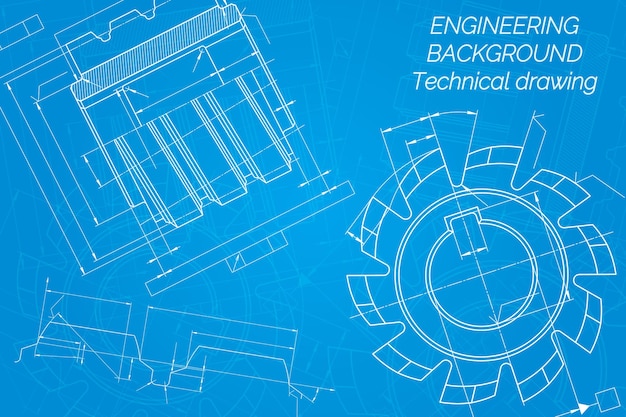 Vector dibujos de ingeniería mecánica en azul