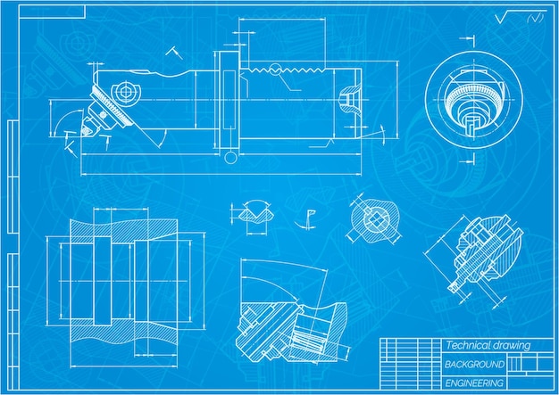 Dibujos de ingeniería mecánica en fondo azul Barra de perforación con ajuste micrométrico Diseño técnico Cubierta Blueprint Ilustración vectorial