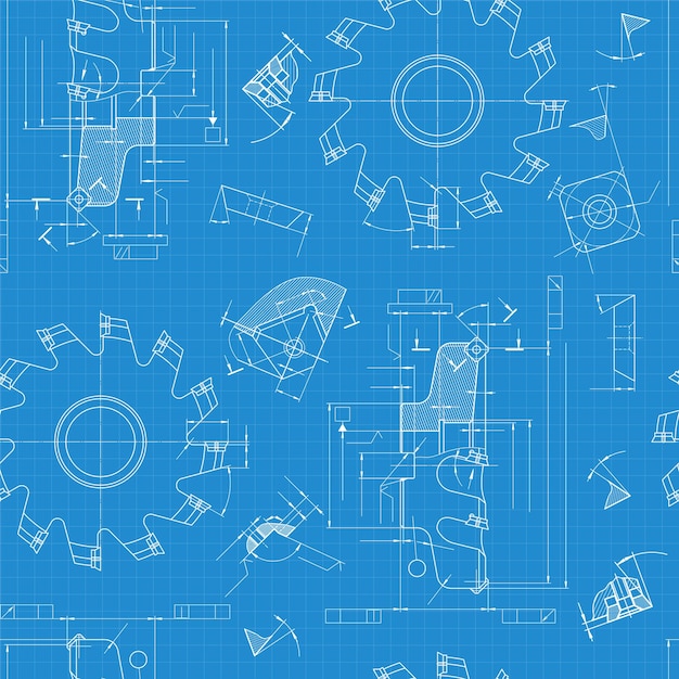 Dibujos de ingeniería mecánica en fondo azul ferramentas de corte cortador de fresado diseño técnico plan de cubierta patrón sin costuras ilustración vectorial