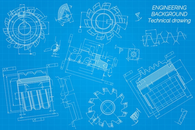 Vector dibujos de ingeniería mecánica en fondo azul ferramentas de corte cortador de fresado diseño técnico plan de cubierta