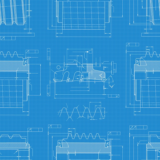 Dibujos de ingeniería mecánica en fondo azul Herramientas de corte cortador de fresado Diseño técnico Plan de portada Patrón sin costura Ilustración vectorial