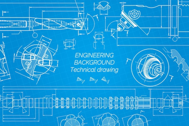 Dibujos de ingeniería mecánica en fondo azul Herramientas de perforación perforación barra de performación con micrométrico