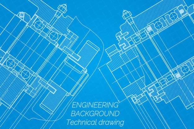 Dibujos de ingeniería mecánica en fondo azul Huso de la máquina de fresado Diseño técnico de la portada Plano Ilustración vectorial