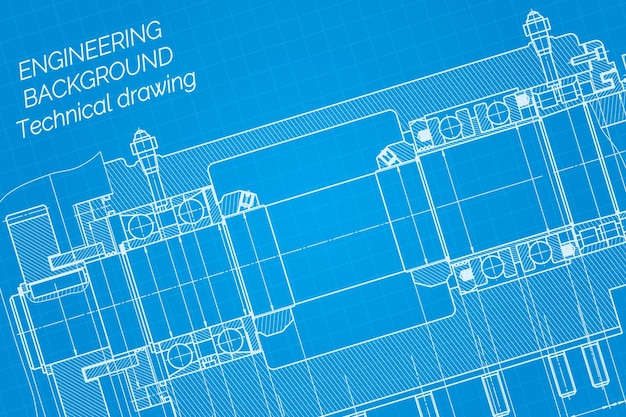 Dibujos de ingeniería mecánica en fondo azul Huso de la máquina de fresado Diseño técnico de la portada Plano Ilustración vectorial