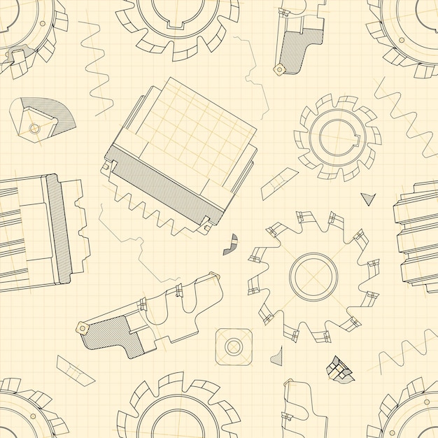 Dibujos de ingeniería mecánica en fondo claro Ferramentas de corte cortador de fresado Diseño técnico Plan de cubierta Patrón sin costuras Ilustración vectorial