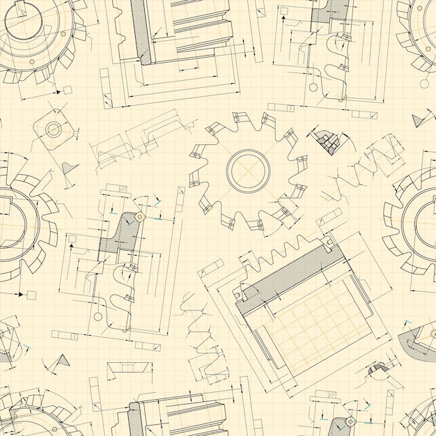 Vector dibujos de ingeniería mecánica en fondo claro ferramentas de corte cortador de fresado diseño técnico plan de cubierta patrón sin costuras ilustración vectorial