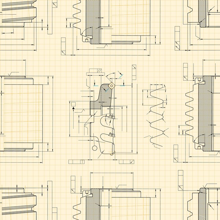 Vector dibujos de ingeniería mecánica en fondo claro ferramentas de corte cortador de fresado diseño técnico plan de cubierta patrón sin costuras ilustración vectorial