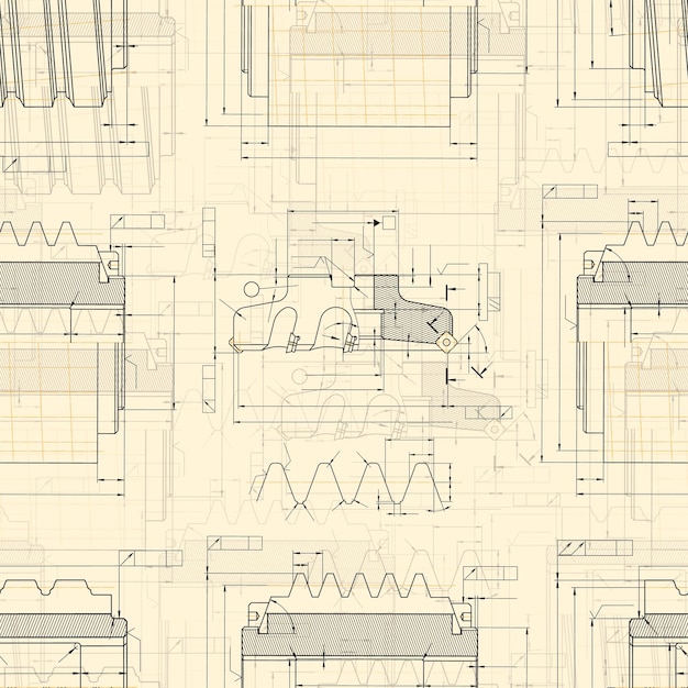 Dibujos de ingeniería mecánica en fondo claro Ferramentas de corte cortador de fresado Diseño técnico Plan de cubierta Patrón sin costuras Ilustración vectorial