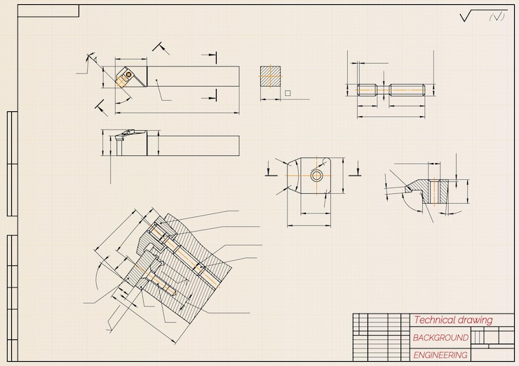 Vector dibujos de ingeniería mecánica en un fondo claro herramienta de ensamblaje de cortador con placa multifacética reemplazable diseño técnico cubierta blueprint ilustración vectorial