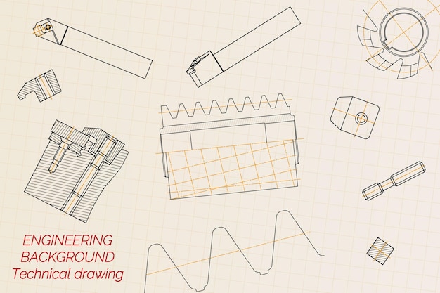 Dibujos de ingeniería mecánica en fondo claro herramientas de grifo perforador herramientas de corte cortador de fresado diseño técnico cubierta plano ilustración vectorial