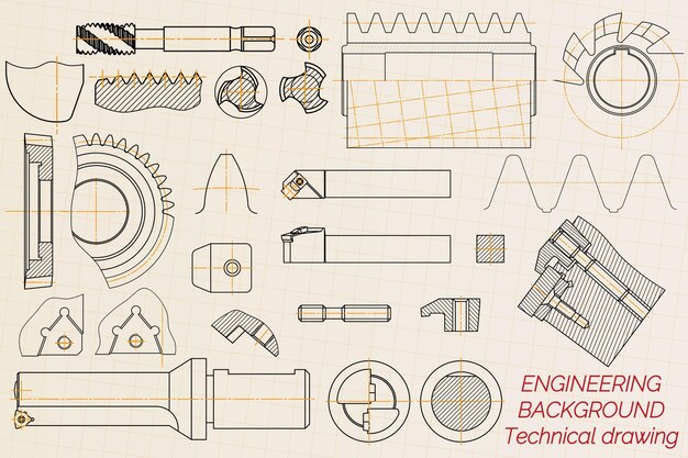 Vector dibujos de ingeniería mecánica en fondo claro herramientas de grifo perforador herramientas de corte cortador de fresado diseño técnico cubierta plano ilustración vectorial