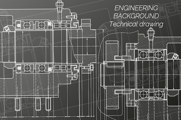 Dibujos de ingeniería mecánica en fondo negro Fuso de la máquina de fresado Diseño técnico Plan de cubierta