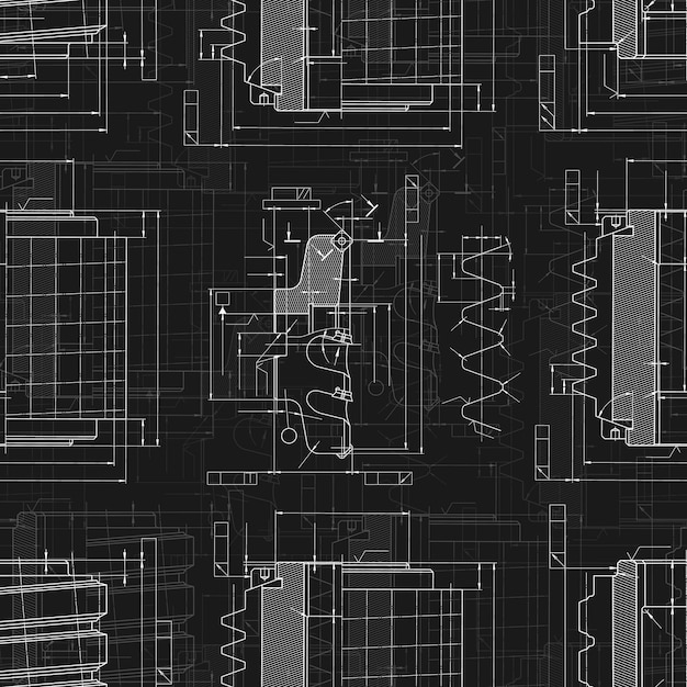 Dibujos de ingeniería mecánica en fondo negro herramientas de corte cortador de fresado diseño técnico plan de cubierta patrón sin costuras ilustración vectorial