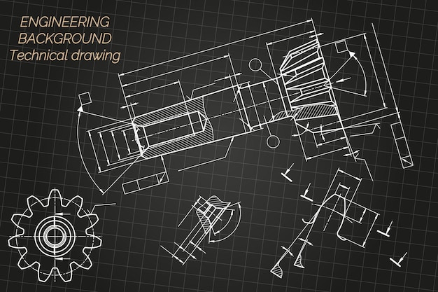 Vector dibujos de ingeniería mecánica en fondo negro herramientas de grifo perforador diseño técnico cubierta blueprin