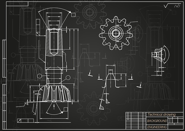 Vector dibujos de ingeniería mecánica en fondo negro herramientas de grifo perforador diseño técnico cubierta blueprint ilustración vectorial