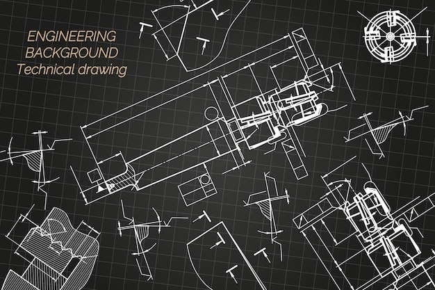 Dibujos de ingeniería mecánica en fondo negro Herramientas de grifo perforador Diseño técnico Cubierta Blueprint Ilustración vectorial