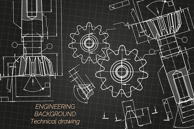 Vector dibujos de ingeniería mecánica en fondo negro herramientas de grifo perforador diseño técnico cubierta blueprint ilustración vectorial