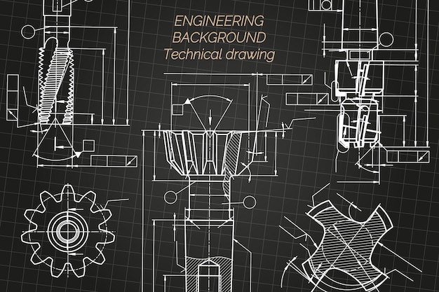 Vector dibujos de ingeniería mecánica en fondo negro herramientas de grifo perforador diseño técnico cubierta blueprint ilustración vectorial