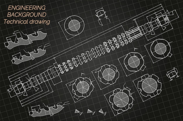 Dibujos de ingeniería mecánica sobre fondo azul brocha diseño técnico cubierta plano ilustración vectorial