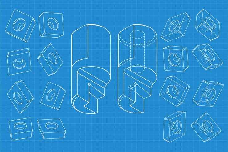 Vector dibujos de ingeniería mecánica sobre fondo azul herramienta de ensamblaje de cortador con multifacética reemplazable