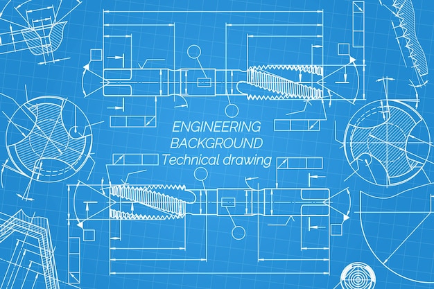 Dibujos de ingeniería mecánica sobre fondo azul Herramientas de grifo barrenador Diseño técnico Cubierta Plano Ilustración vectorial