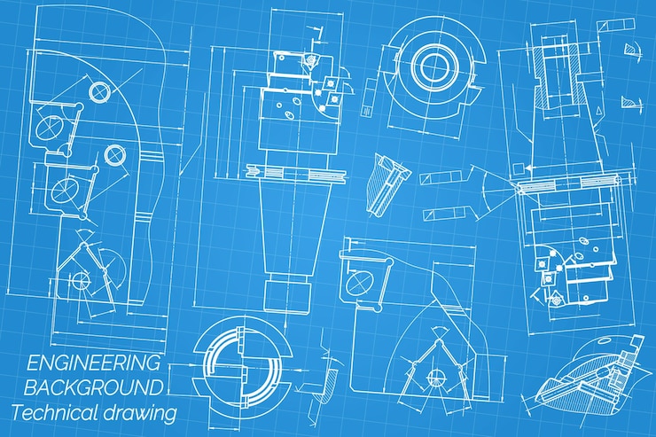 Vector dibujos de ingeniería mecánica sobre fondo azul herramientas de grifo barrenador diseño técnico cubierta plano ilustración vectorial
