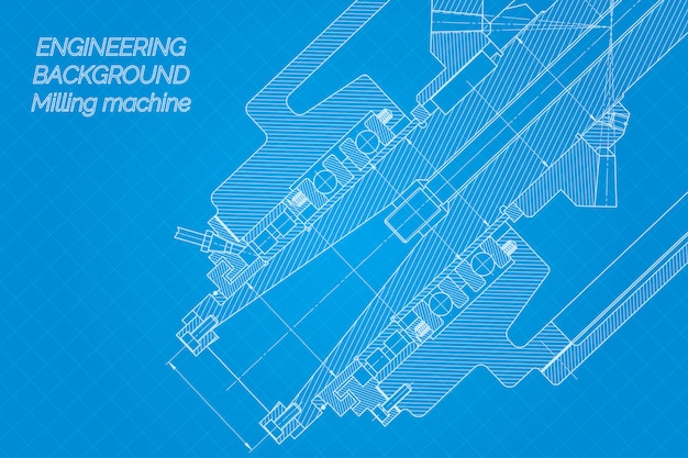 Dibujos de ingeniería mecánica sobre fondo azul. husillo de fresadora. diseño técnico. cubrir. plano.