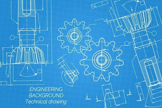 Vector dibujos de ingeniería mecánica sobre fondo azul tap tools barrena diseño técnico cubierta blueprint ilustración vectorial