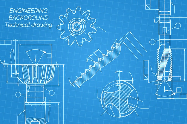 Dibujos de ingeniería mecánica sobre fondo azul tap tools barrena diseño técnico cubierta blueprint ilustración vectorial