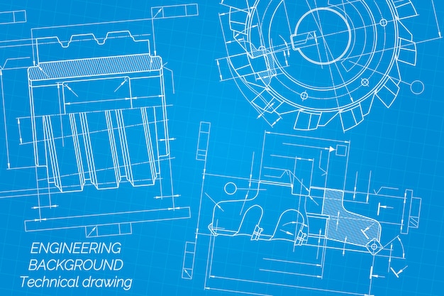 Vector dibujos de ingeniería mecánica sobre fondo azul