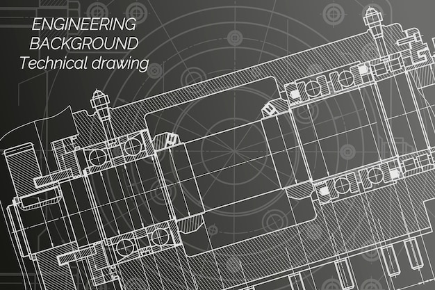 Dibujos de ingeniería mecánica sobre fondo negro. Husillo de fresadora.