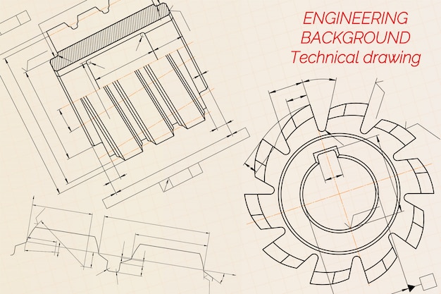 Dibujos de ingeniería mecánica sobre fondo de papel técnico beige. Herramientas de corte, fresas. Diseño industrial. Cubrir. Plano. Negocio Negocio. ilustración.