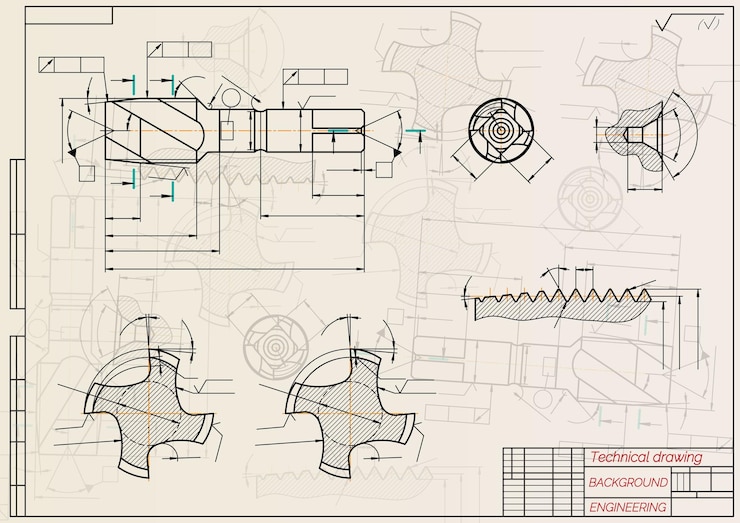 Vector dibujos de ingeniería mecánica sobre fondo sepia herramientas de grifo barrenador diseño técnico cubierta plano ilustración vectorial