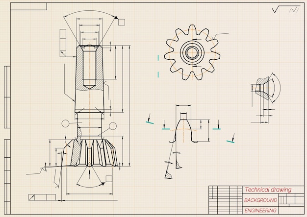 Vector dibujos de ingeniería mecánica sobre fondo sepia herramientas de grifo barrenador diseño técnico cubierta plano ilustración vectorial