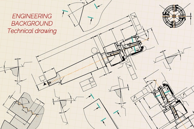 Vector dibujos de ingeniería mecánica sobre fondo sepia herramientas de grifo barrenador diseño técnico cubierta plano ilustración vectorial