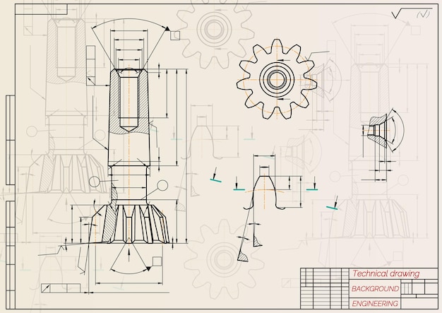 Dibujos de ingeniería mecánica sobre fondo sepia Tap tools borer Technical Design Cover Blueprint Vector illustration