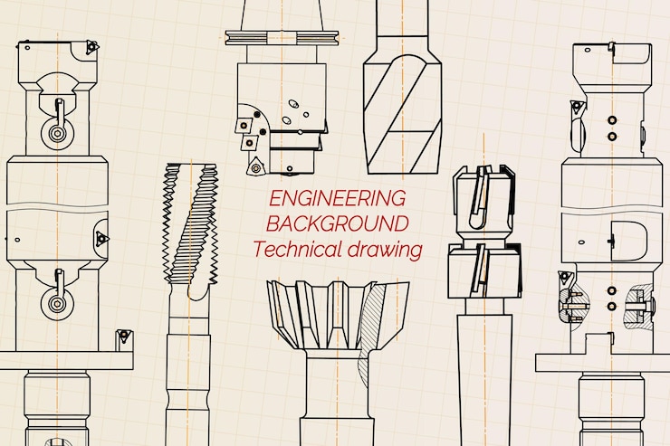Vector dibujos de ingeniería mecánica sobre fondo sepia tap tools borer technical design cover blueprint vector illustration