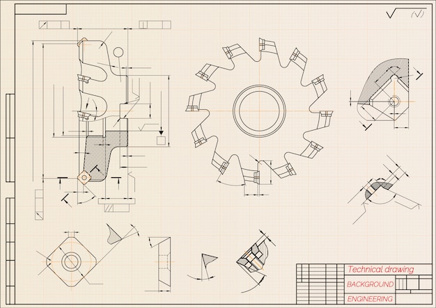 Dibujos de ingeniería mecánica sobre papel técnico beige, herramientas de corte, fresas. Diseño industrial.