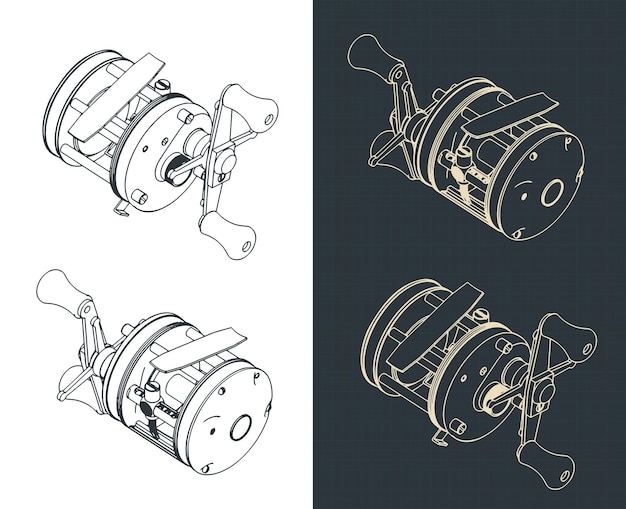 Dibujos isométricos de los carretes de pesca