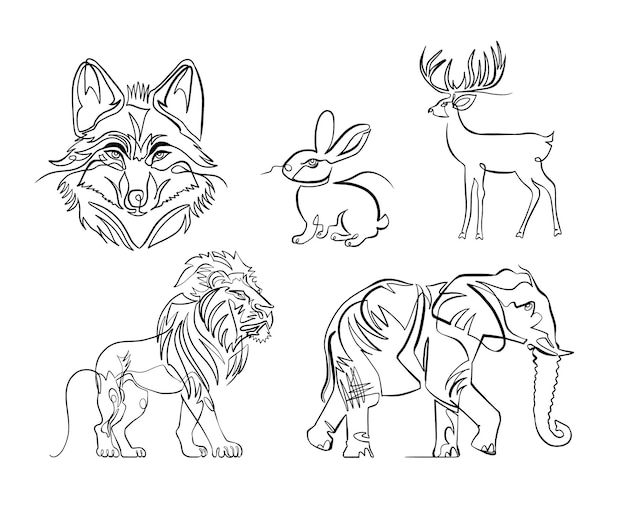 Dibujos de una línea de animales famosos conjunto vectorial de cinco lobos, liebres, ciervos, leones y elefantes