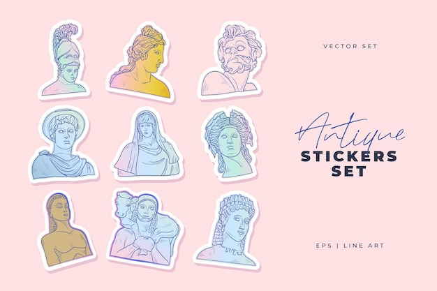 Dibujos lineales de cabezas de estatuas antiguas de la diosa y el dios mítico en el estilo de grabado. Colección de pegatinas.